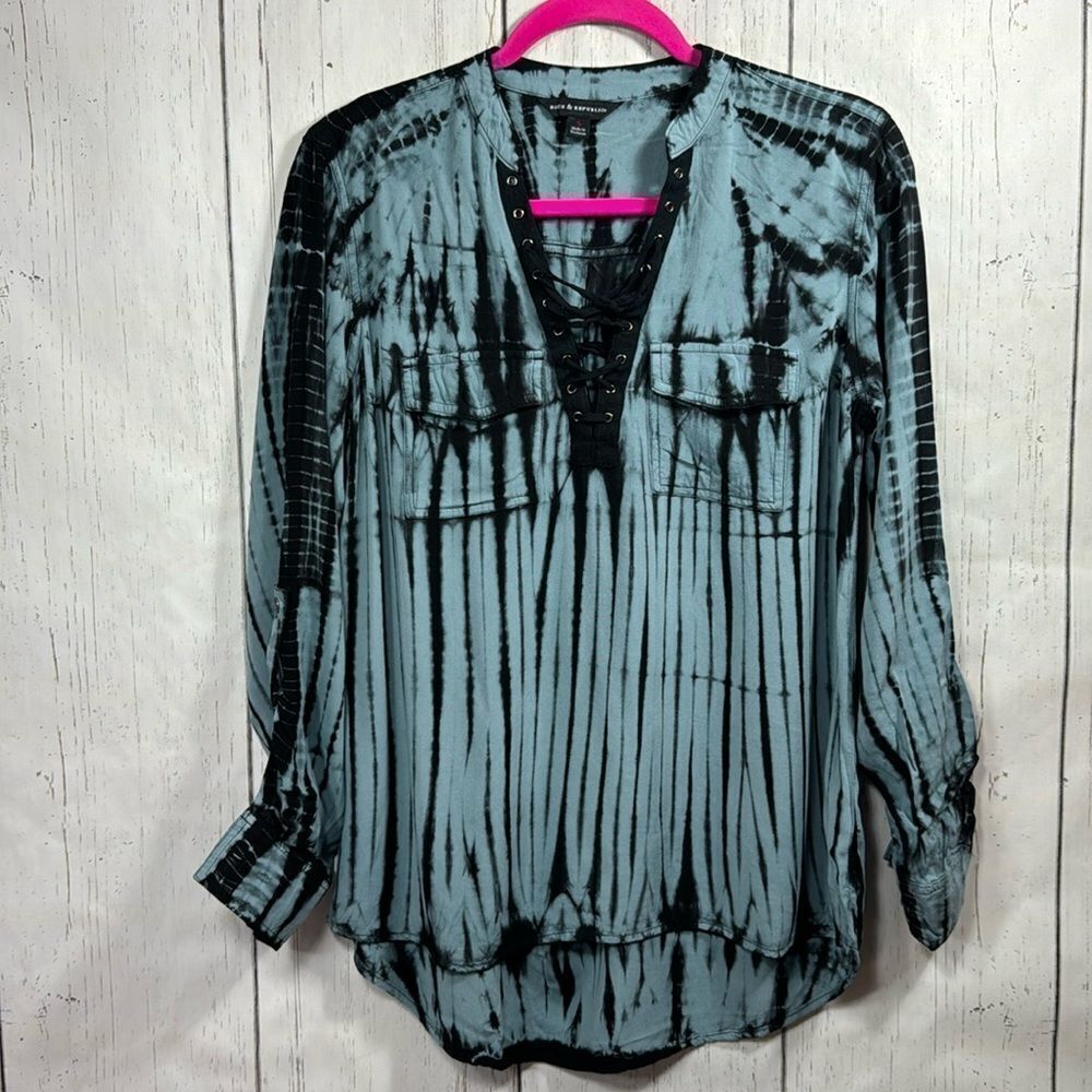 Rock & Republic Lattice Tie Dye Lace Up Roll Tab V Neck High Low Top Shirt